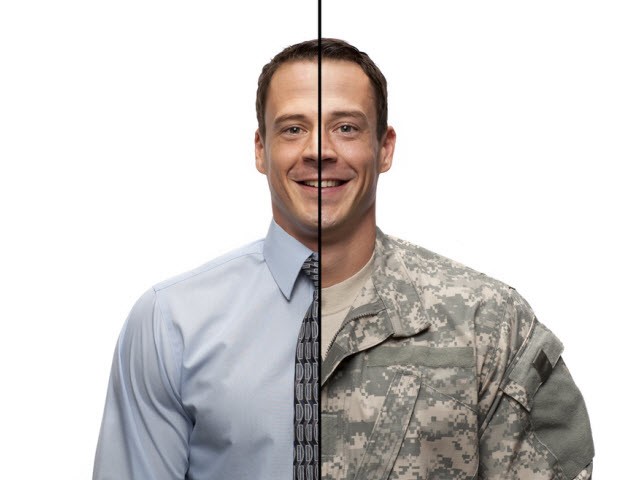 Split image of a man in business attire on one side and military uniform on the other, representing veteran career transition.