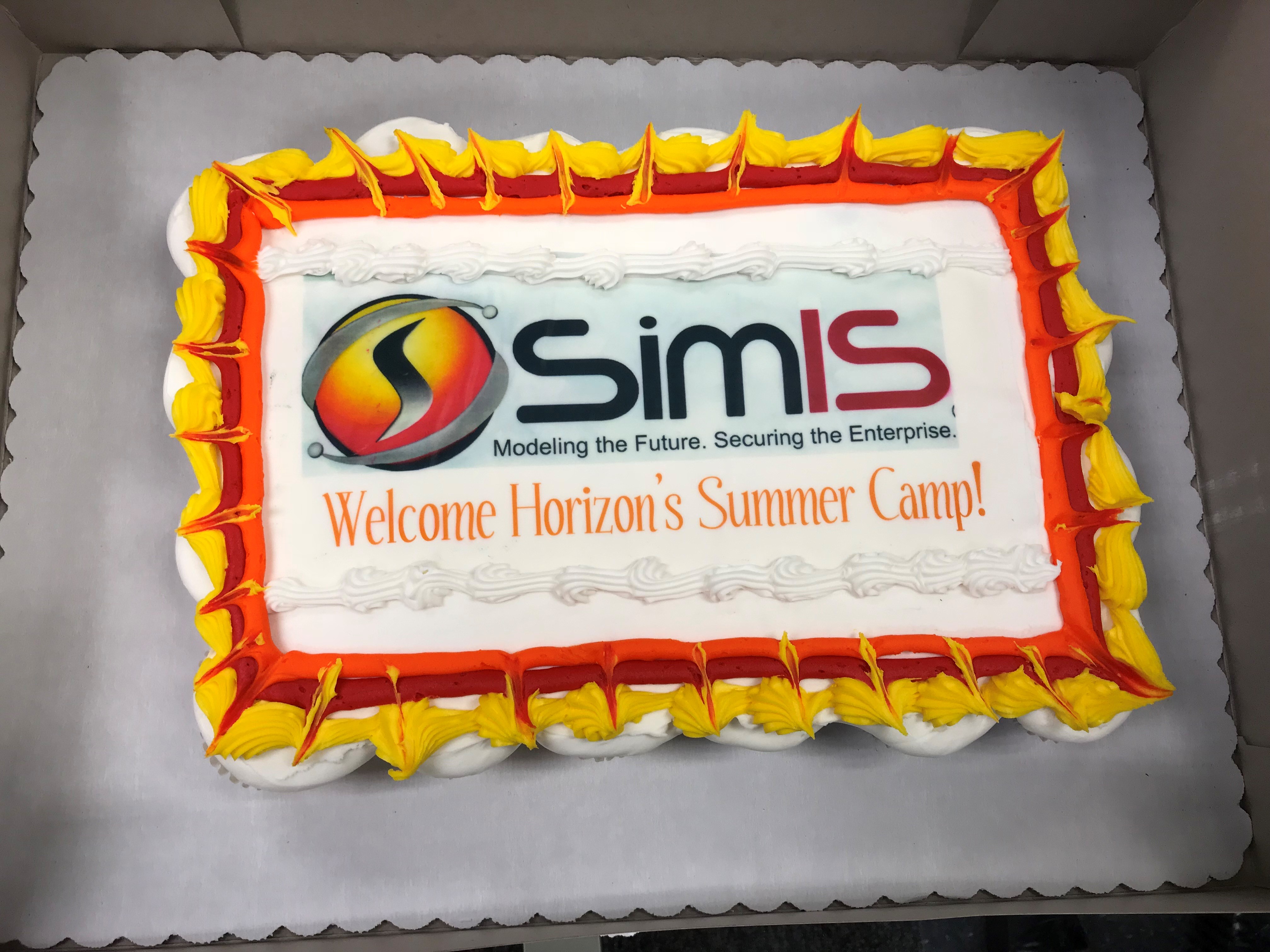 Cake decorated with the SimIS logo and 'Welcome Horizon's Summer Camp!' for the STEM Camp visit.