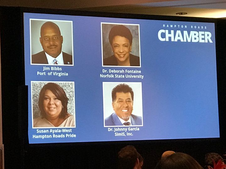 Screen displaying the four panelists for the Hampton Roads Chamber Diversity in Business Forum: Jim Bibbs of Port of Virginia, Dr. Deborah Fontaine of Norfolk State University, Susan Ayala-West of Hampton Roads Pride, and Dr. Johnny Garcia of SimIS, Inc.