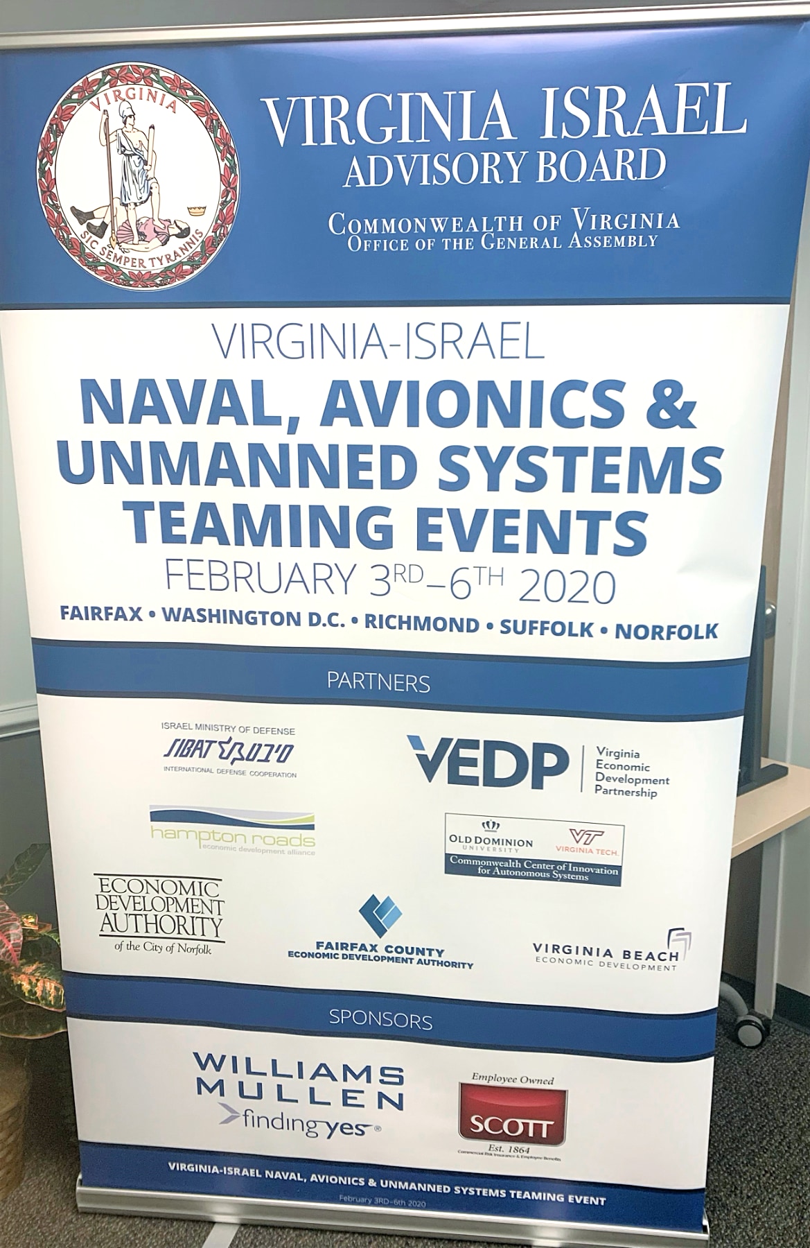 Alt text: "Event banner for the Virginia-Israel Naval, Avionics & Unmanned Systems Teaming Events, February 3rd to 6th, 2020, listing partner and sponsor organizations.