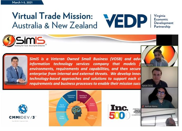 SimIS presentation slide for the VEDP Virtual Trade Mission with Australia and New Zealand, March 1-5, 2021, with video call participants including Julian Baena.