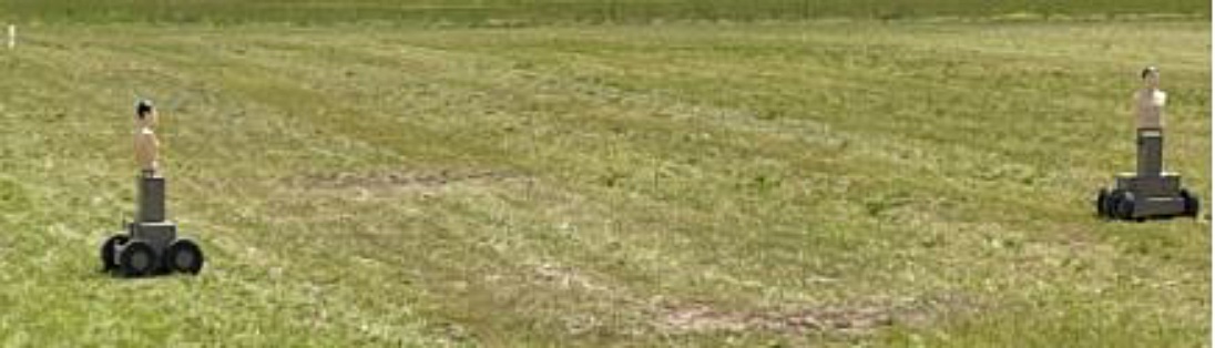 Two HTT targets positioned in an open grass field, viewed from a distance.