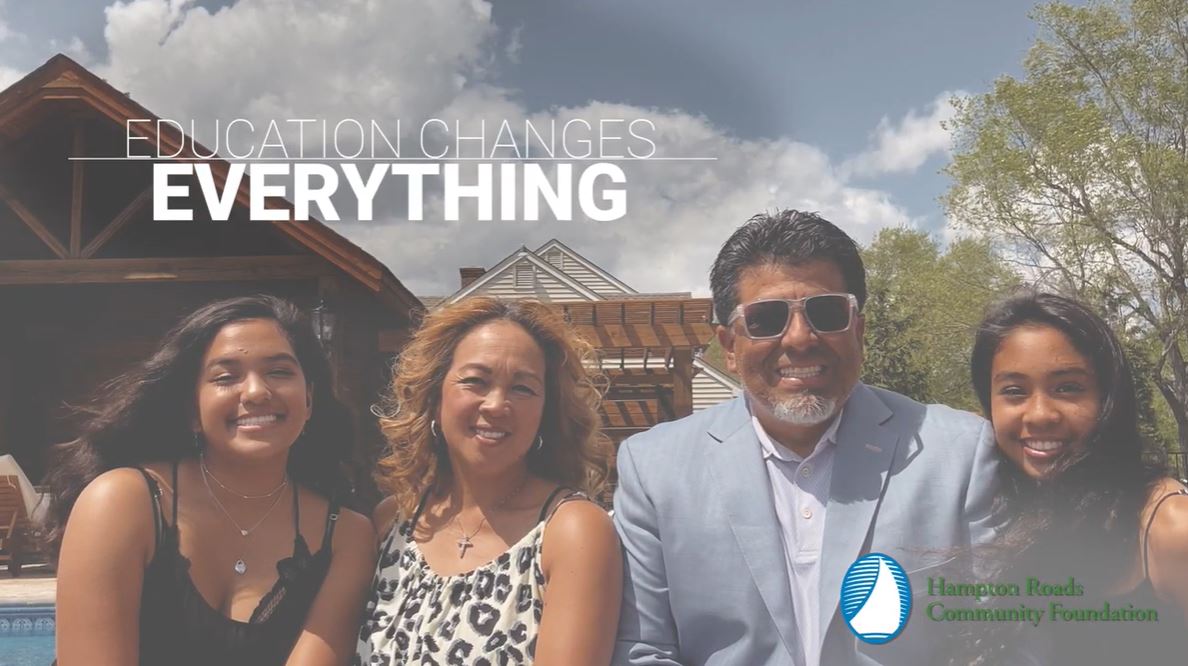 Video title card reading 'Education Changes Everything,' featuring Dr. Johnny Garcia with family, Hampton Roads Community Foundation logo.