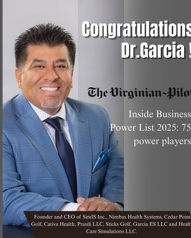 Alt text: "Congratulations graphic for Dr. Johnny Garcia's inclusion in The Virginian-Pilot's Inside Business Power List 2025: 75 power players.