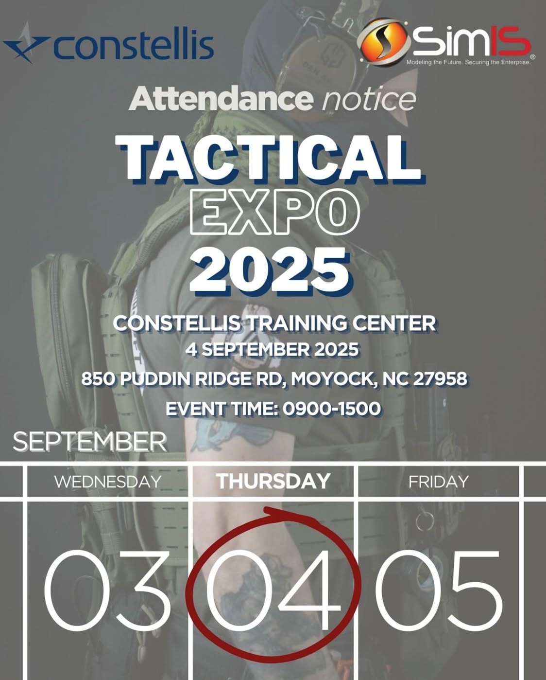 Attendance notice graphic for the Constellis Tactical Expo 2025, with Thursday, September 4th circled on a calendar.