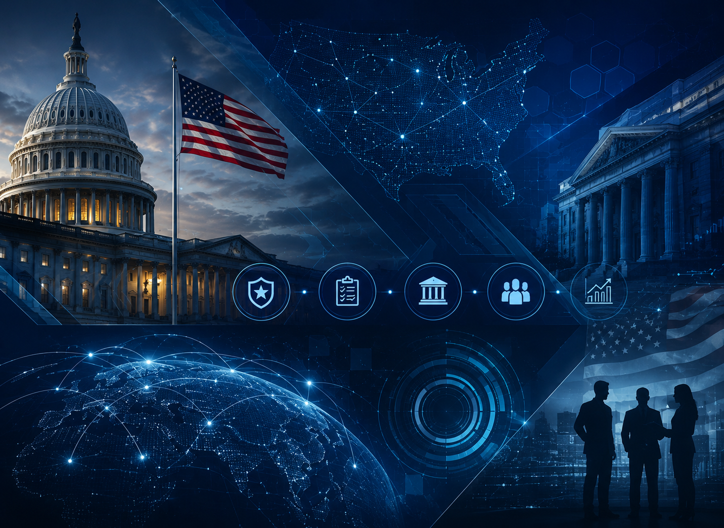 Illustration of the U.S. Capitol building with silhouetted figures and a digital globe overlay, dark blue background.