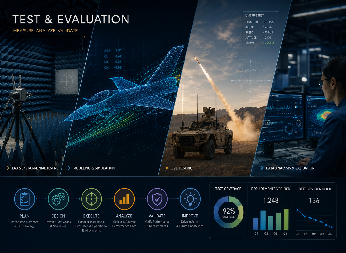 Split illustration of aircraft, missile, and ground vehicle testing scenes with data icons and charts below, labeled 'Test & Evaluation.'