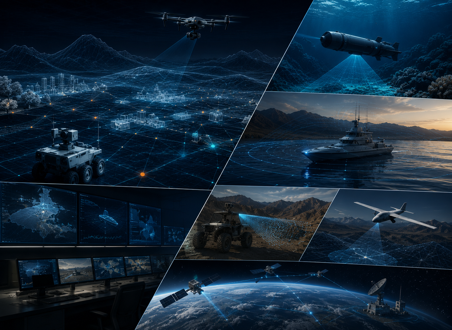 Split illustration showing an aircraft, a satellite view, and a naval vessel over a digital grid background.