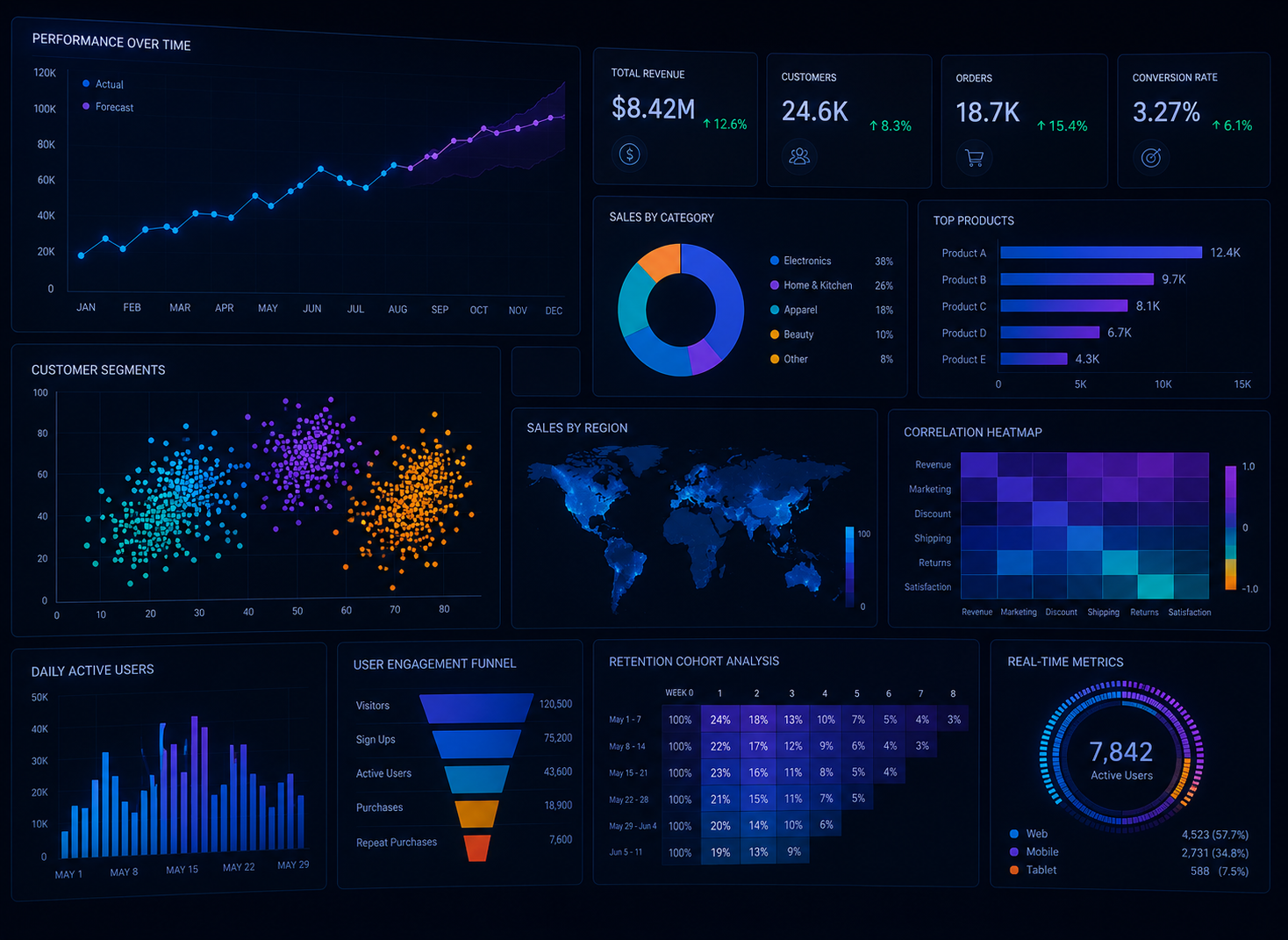 Dashboard illustration of data charts, graphs, and a world map, dark background with purple and blue accents.