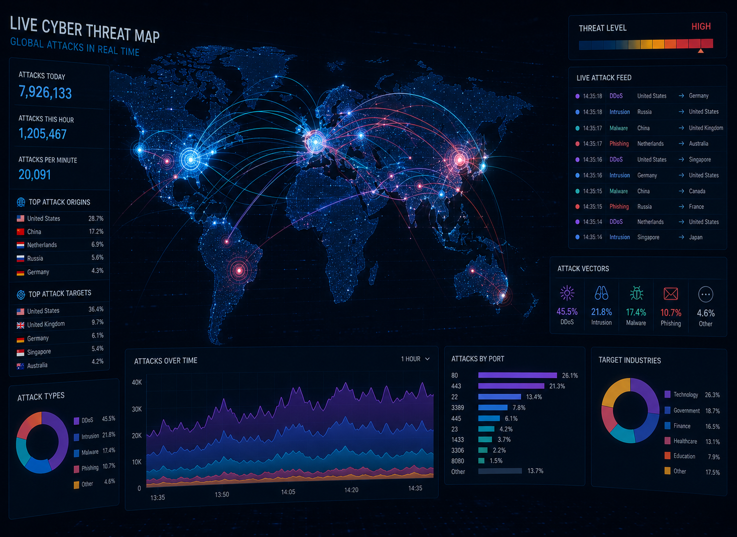 Dashboard illustration of a world map with connection lines and threat data charts, dark background.