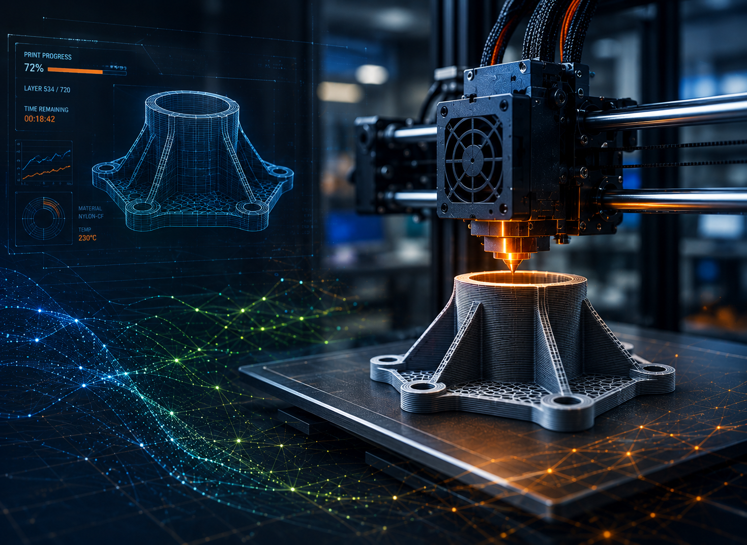 : "Illustration of a 3D printer creating a mechanical part, with glowing digital design elements in the background.