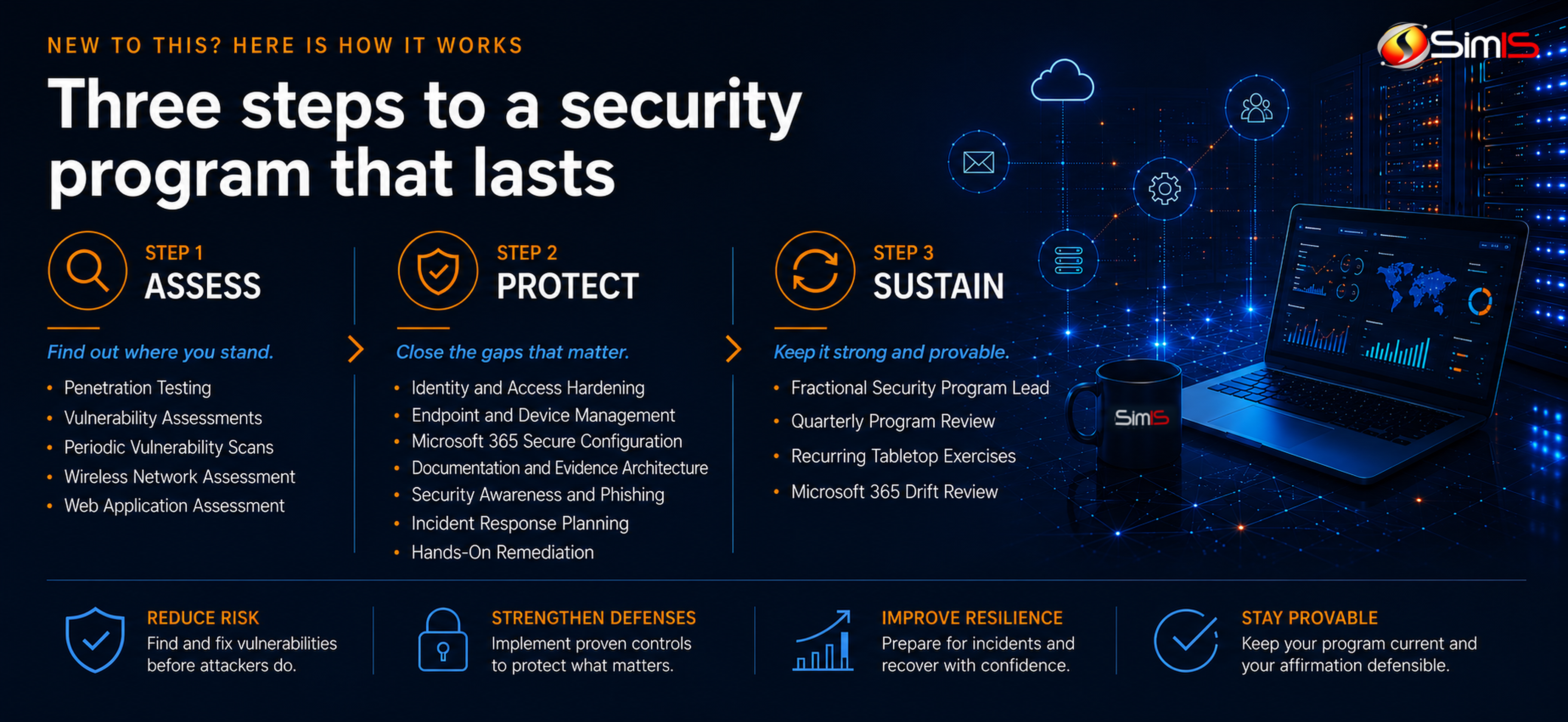 How SimIS cybersecurity works in three steps: assess, protect, sustain