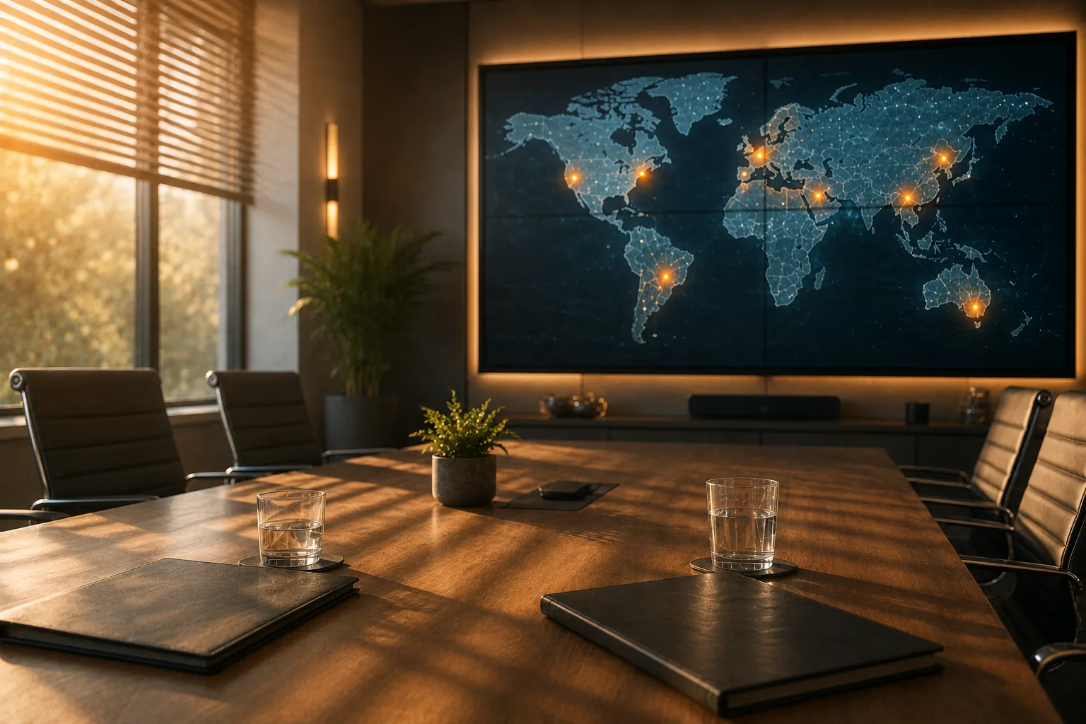 Warmly lit briefing room with a world map and highlighted global locations displayed above a conference table set with folders and water glasses.